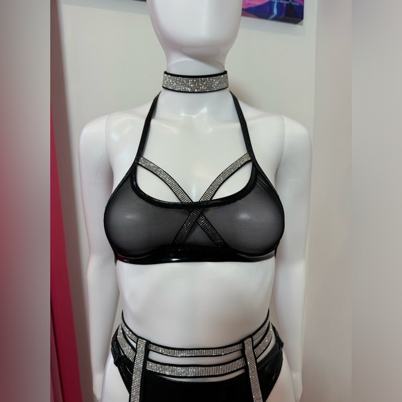 Black Vinyl Mesh Rhinestone Lingerie Set 4 Pieces, XS Custom - Picture 7 of 13